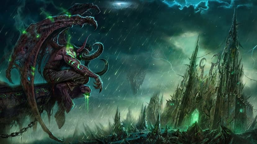 Demon hunter Illidan Stormrage sits on a ledge overlooking a green glowing citadel during a heavy rainstorm.