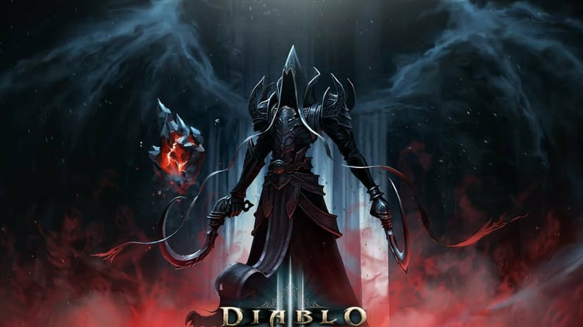 Malthael the Angel of Death stands with dual scythes amidst swirling blue smoke and fiery red mists.