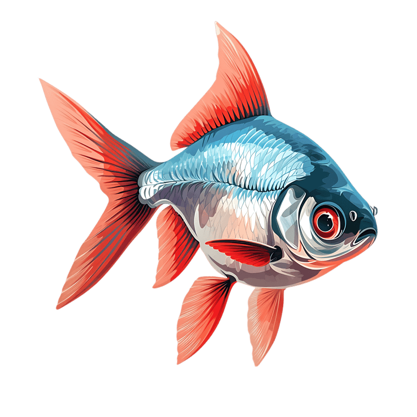 Blue fish with red fins swims against a dark background, showcasing detailed iridescent scales and texture.