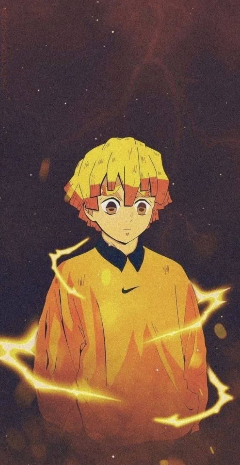 Zenitsu Agatsuma in a yellow Nike shirt surrounded by yellow lightning bolts against a dark starry sky.