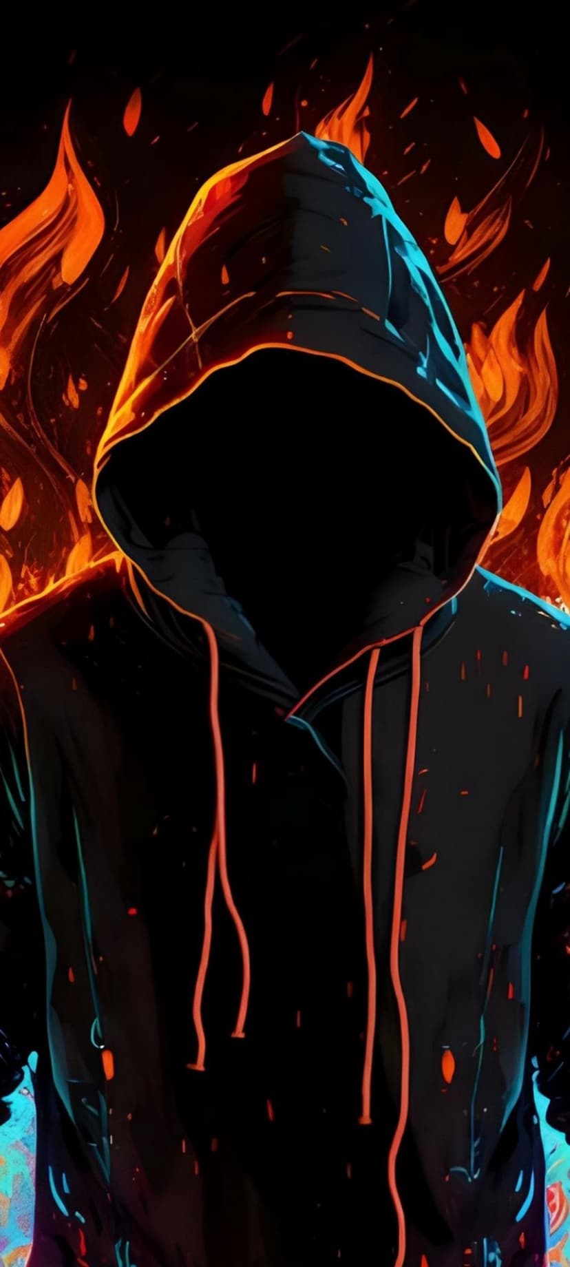 Hooded person in a black sweatshirt framed by glowing orange flames and sparks against a dark background.