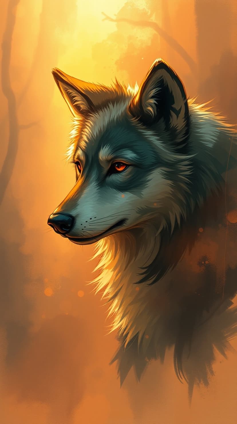 Wolf with glowing orange eyes peers through a golden forest with soft sunlight highlighting its detailed fur.