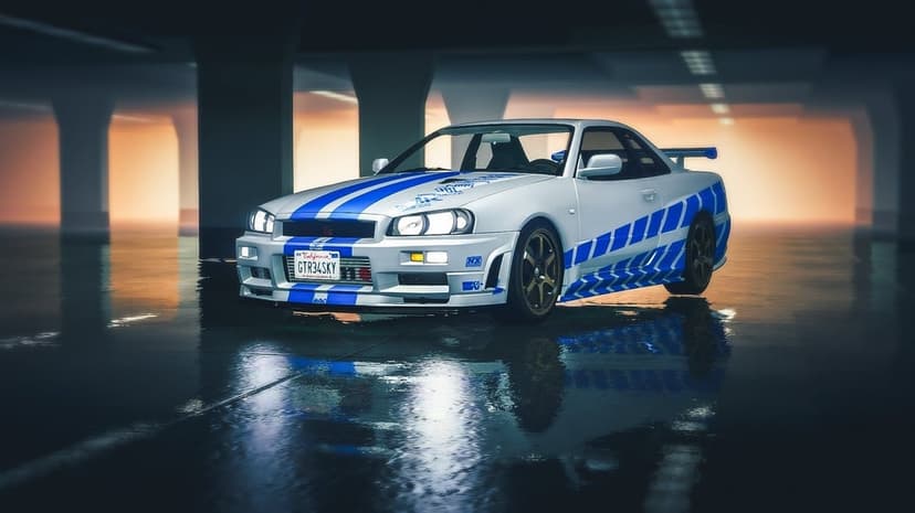 Silver Nissan Skyline R34 with blue stripes parked on a wet, reflective underground parking garage floor.