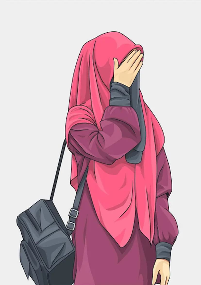 Woman in a pink hijab and maroon dress hides her face with one hand while wearing a black crossbody bag.