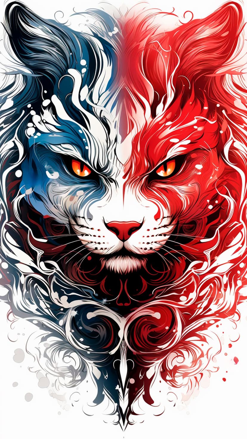 Cat face split into red and blue abstract swirls with white highlights and sharp eyes on a dark background.