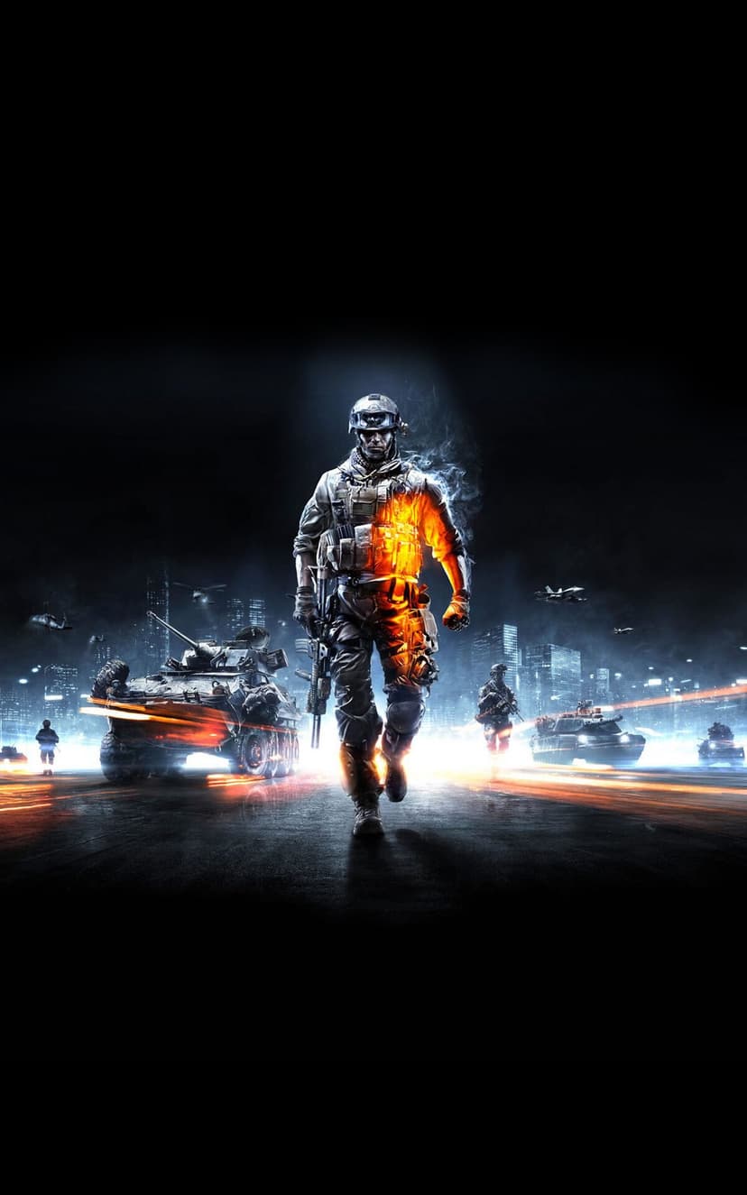 Tactical soldier walks forward in a night city war zone with tanks, jets, and glowing orange light trails.