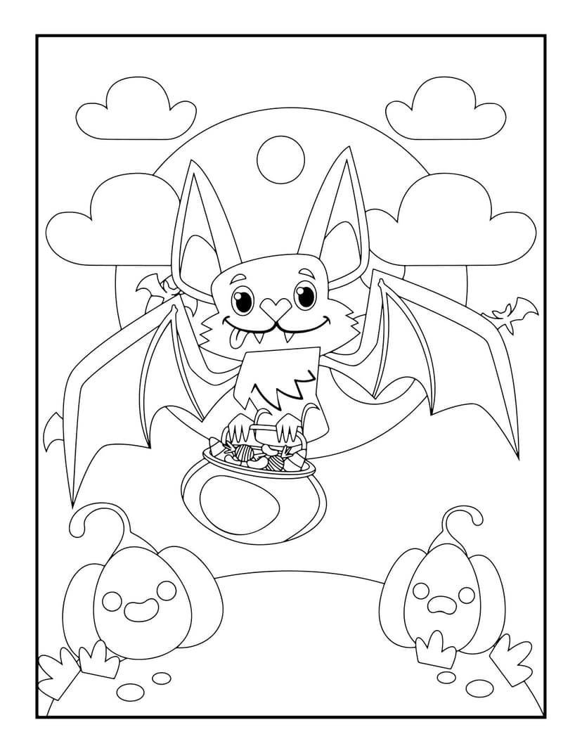 Halloween bat coloring page showing a winged mammal above a candy cauldron with pumpkins and a moon background.