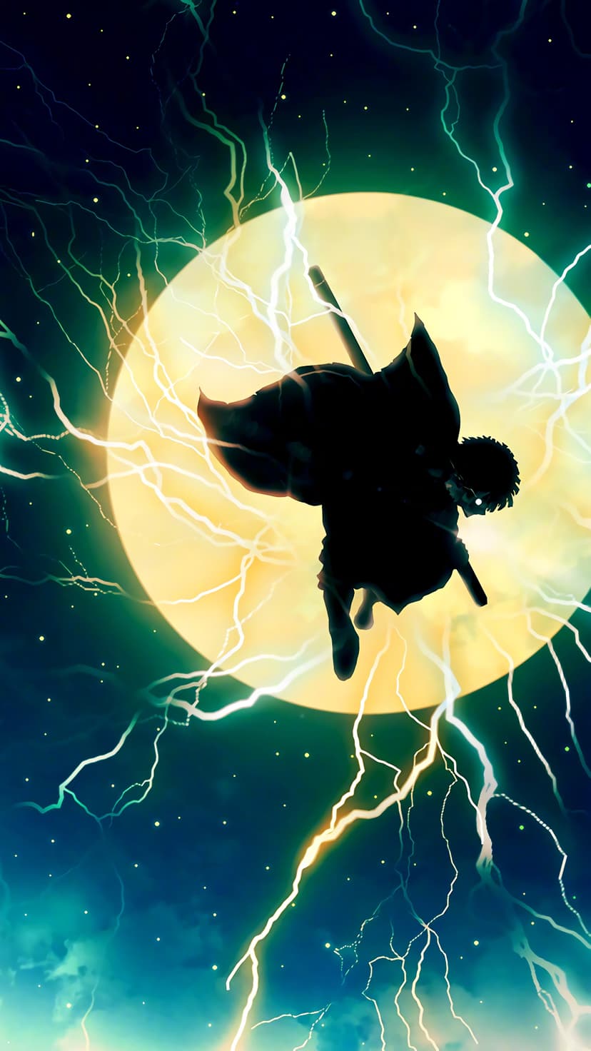 Shadowy warrior leaps across a massive yellow moon as white lightning strikes through a dark starry night sky.