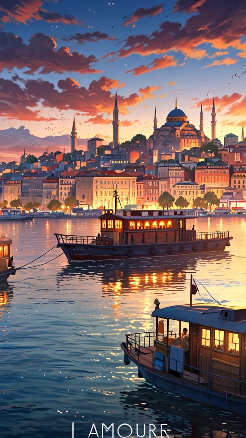 Ottoman mosques and minarets silhouetted against an orange sunset sky over the Bosphorus with small boats nearby.