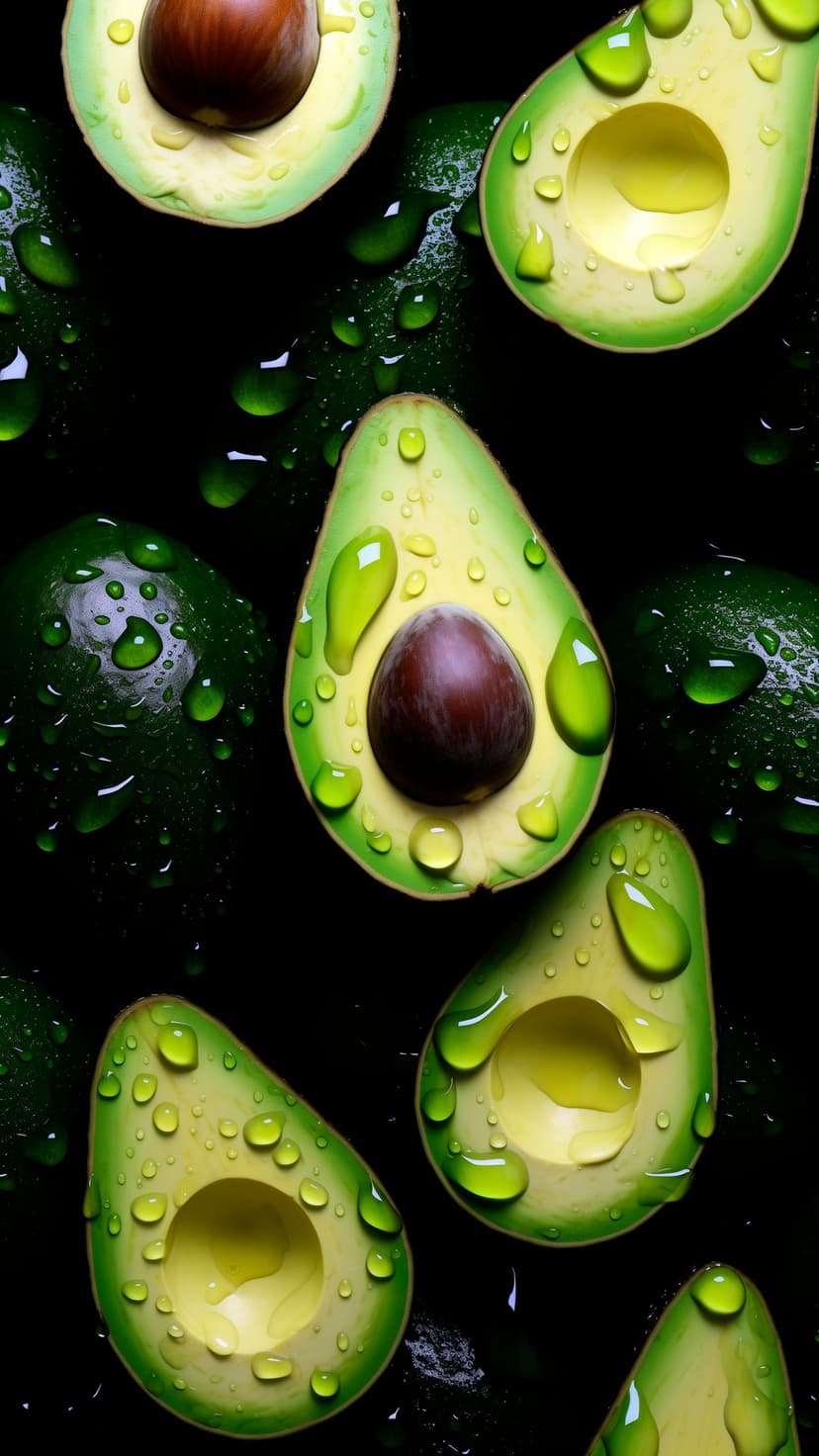 Halved green avocados with glistening water droplets and brown pits arranged against a solid black background.