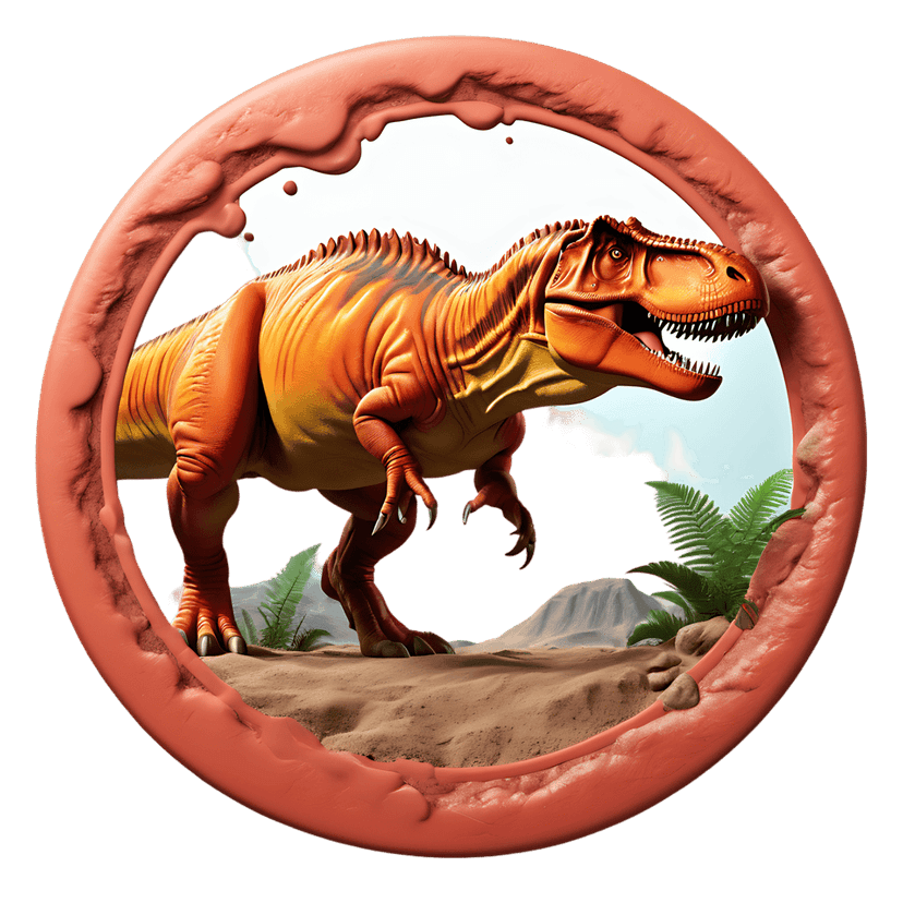 Tyrannosaurus rex with orange scales and sharp teeth in a red circular frame over a prehistoric fern landscape.