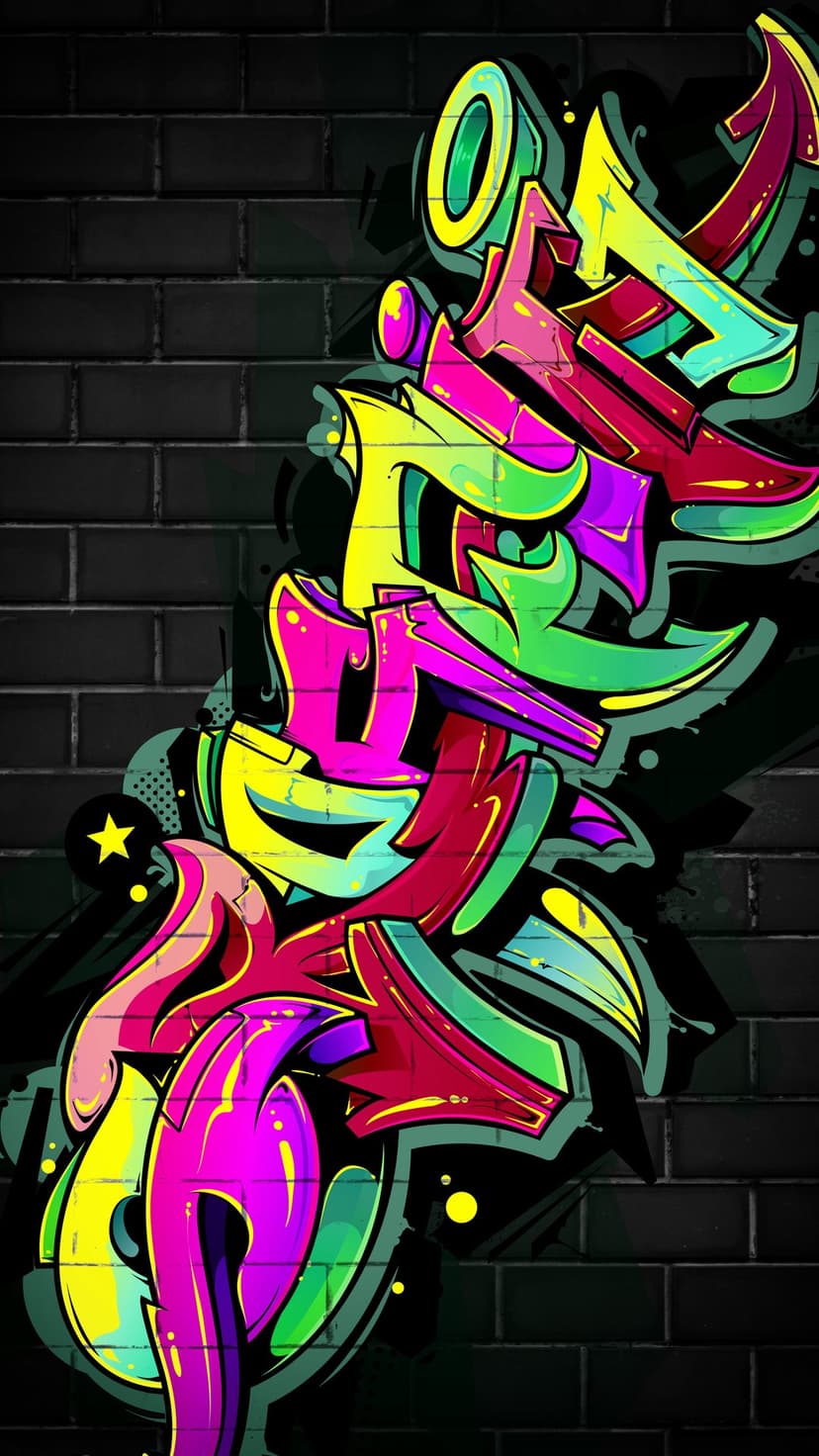 Neon pink and yellow spray paint marks on a dark masonry wall with geometric shapes and gritty textures.
