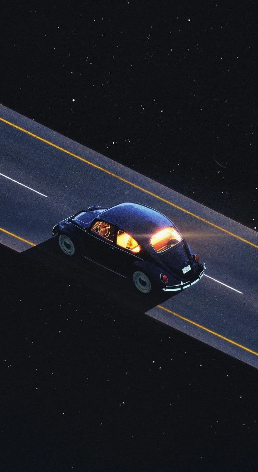 Vintage car with glowing amber interior lights cruises along a cosmic highway under a purple starry galaxy.