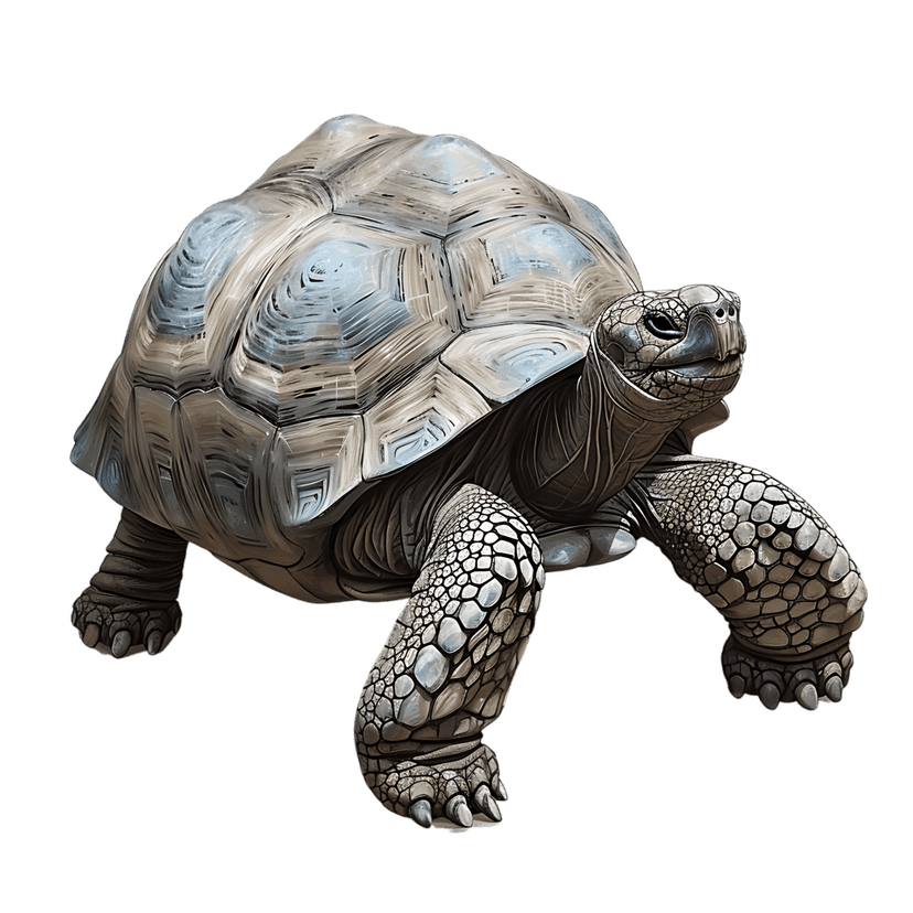 Giant tortoise illustration showing textured shell and scaly legs against a solid black background profile view.