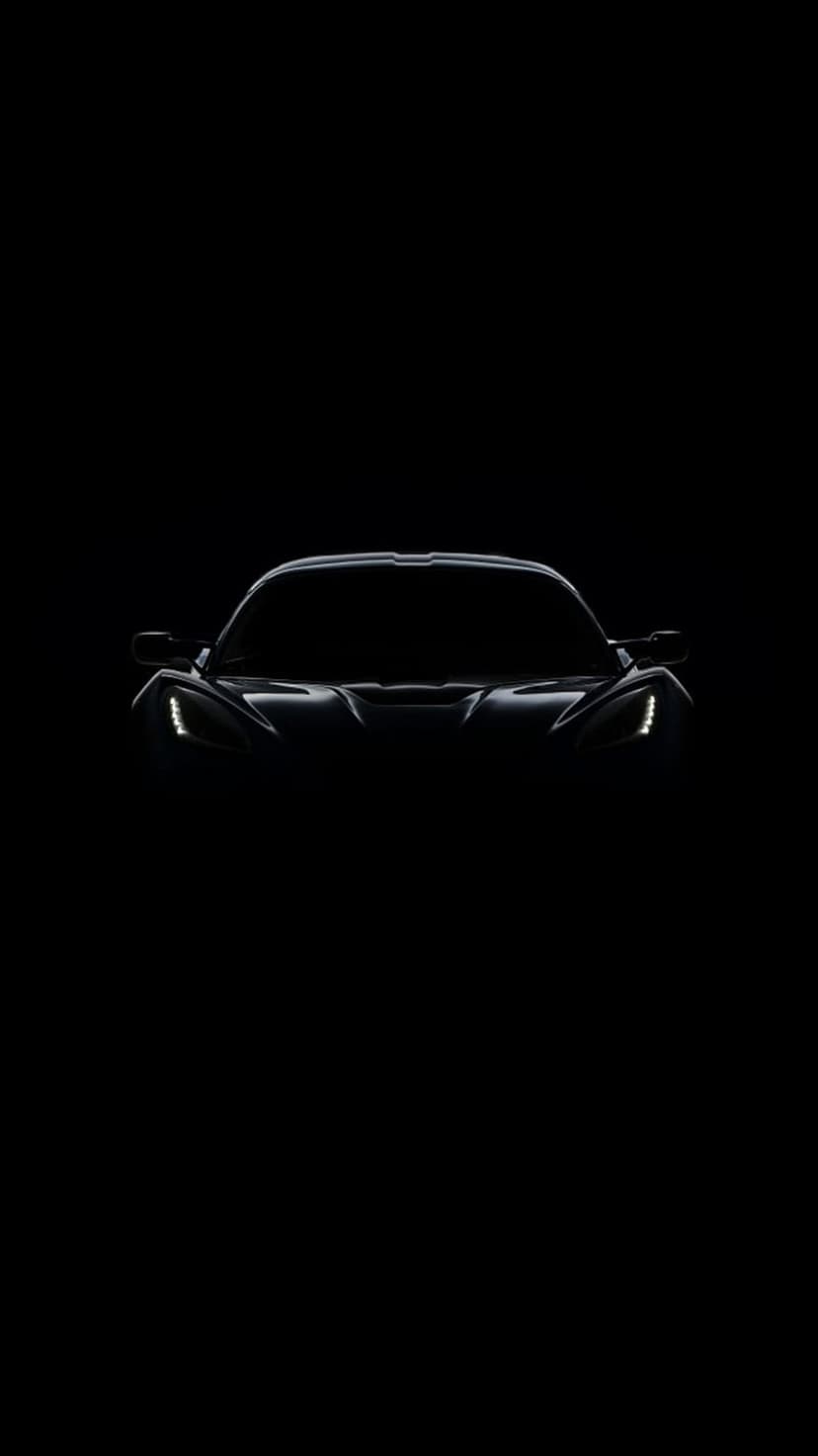 Sports car silhouette with glowing LED headlights and subtle body outlines against a solid black background.