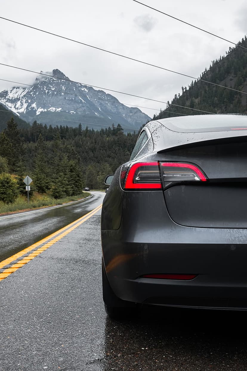 Tesla Model 3 taillight glows on a wet mountain road flanked by pine trees and snow-capped peaks under clouds.