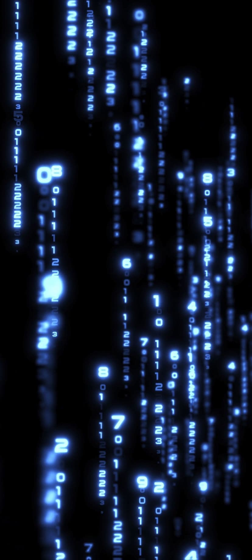 Blue numbers and characters fall vertically against a black backdrop with a soft glowing trail effect.