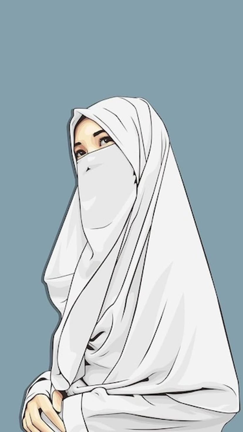 Muslim woman in a white niqab and hijab with dark eyes looking forward against a muted blue-gray background.