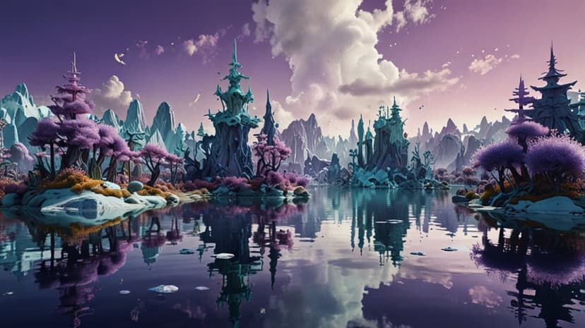 Purple trees and jagged mountains reflect in a calm lake under a soft violet sky and a slim crescent moon.