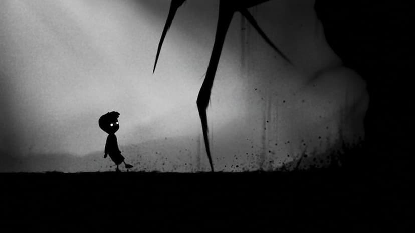 Silhouette of a small boy facing giant spider legs in a misty, monochrome landscape with soft lighting.
