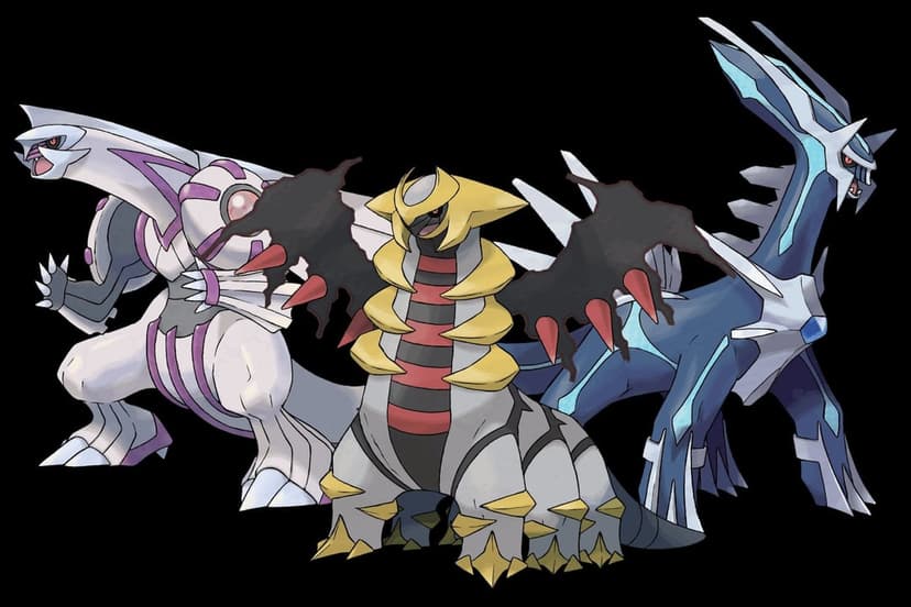 Palkia, Giratina, and Dialga stand in powerful poses against a black background with vibrant blue and purple details.
