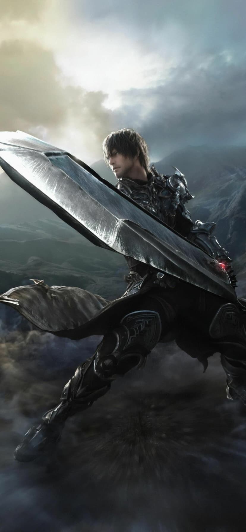 Dark knight in ornate armor holding a giant silver sword in a misty mountain landscape under bright sun.