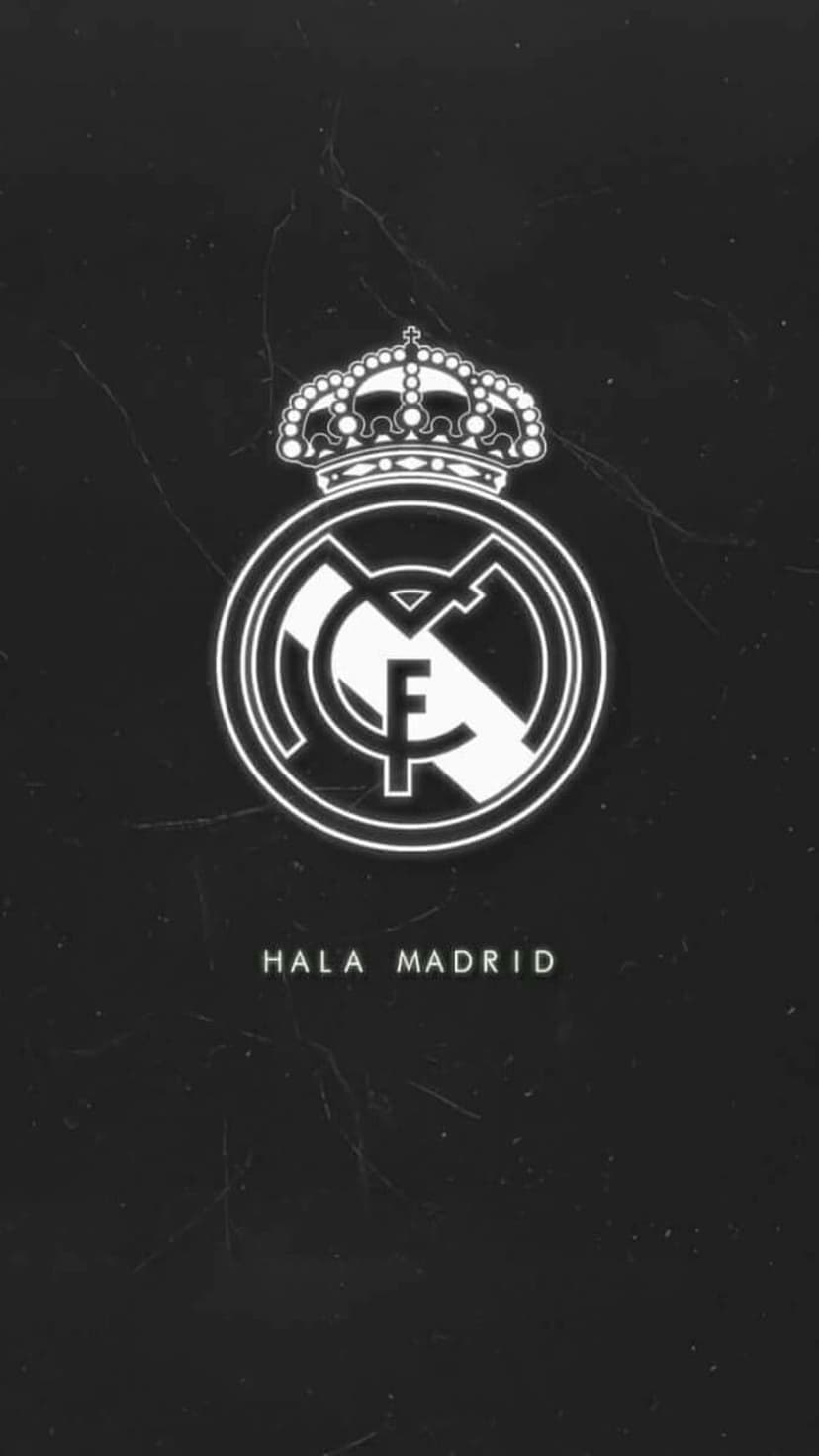 Real Madrid crest with a royal crown and Hala Madrid text displayed on a dark, textured vertical background.