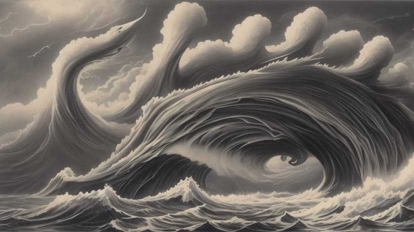 Massive crashing ocean waves under a dark stormy sky with frothing white foam and turbulent water spray.