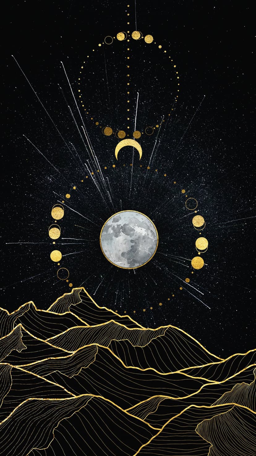 Golden mountain peaks sit beneath a series of lunar phases and a full moon against a dark black starry sky.