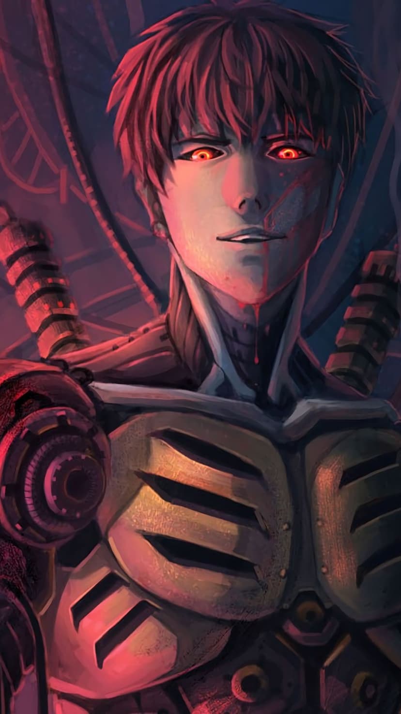 Genos from One-Punch Man with glowing red eyes, blood streaks on his face, and exposed mechanical cyborg parts.