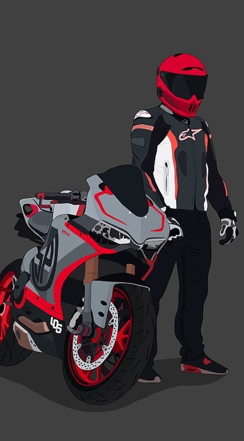 Motorcyclist in a red helmet and racing jacket stands next to a grey sportbike with a distinctive red wheel rim.