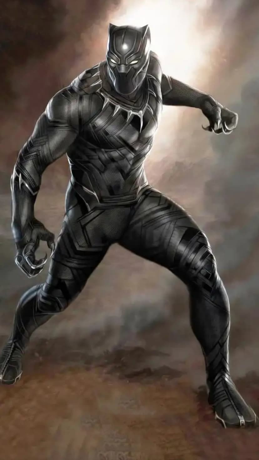 Black Panther in a crouched action stance wearing a silver-accented suit with glowing eyes and extended claws.
