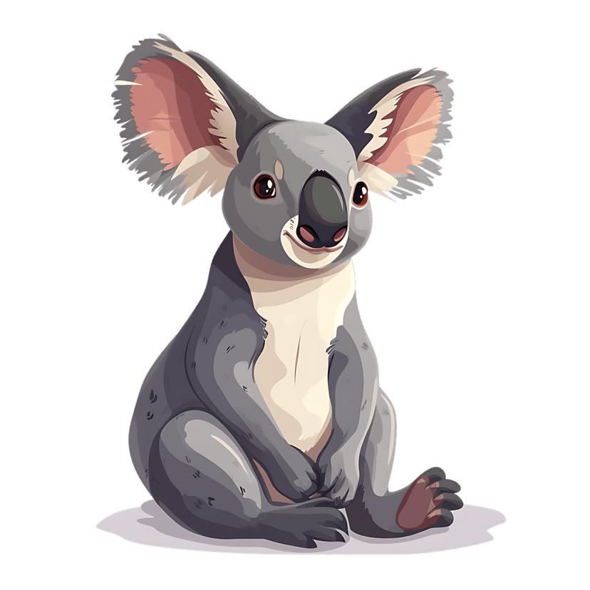 Koala character sitting on purple surface featuring large grey ears and a friendly smile in a digital style.