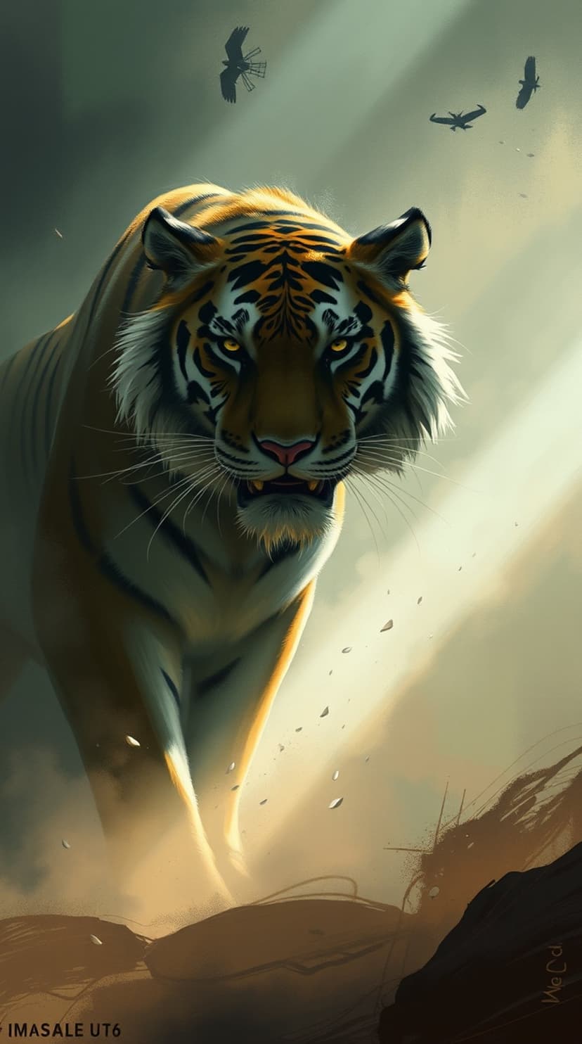 Tiger with glowing eyes walks through golden mist on rocky ground with silhouettes of birds in the hazy sky.