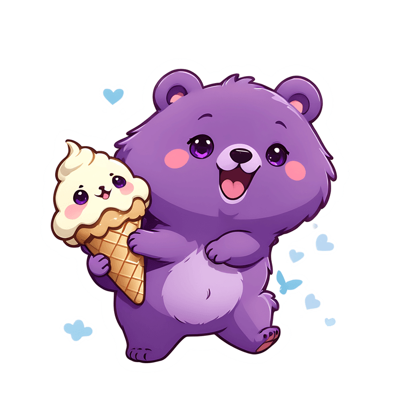 Purple bear sticker illustration holding an ice cream cone featuring soft fur textures and glossy highlights.