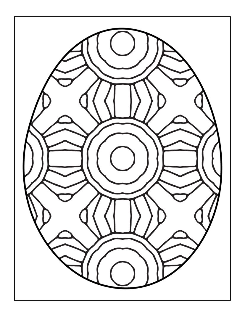 Geometric egg line art featuring symmetrical tribal patterns and concentric circles on a dark background.