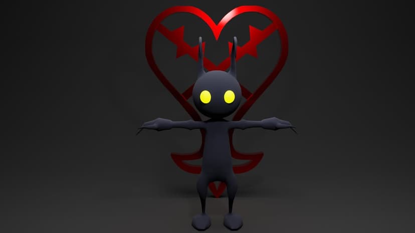 Shadow Heartless figure in T-pose with glowing yellow eyes standing before a red metallic heart emblem on dark gray.