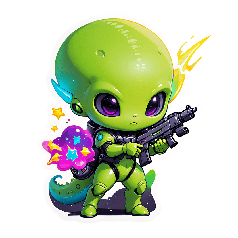 Green chibi alien sticker wearing armor and holding a black blaster weapon surrounded by yellow energy stars.