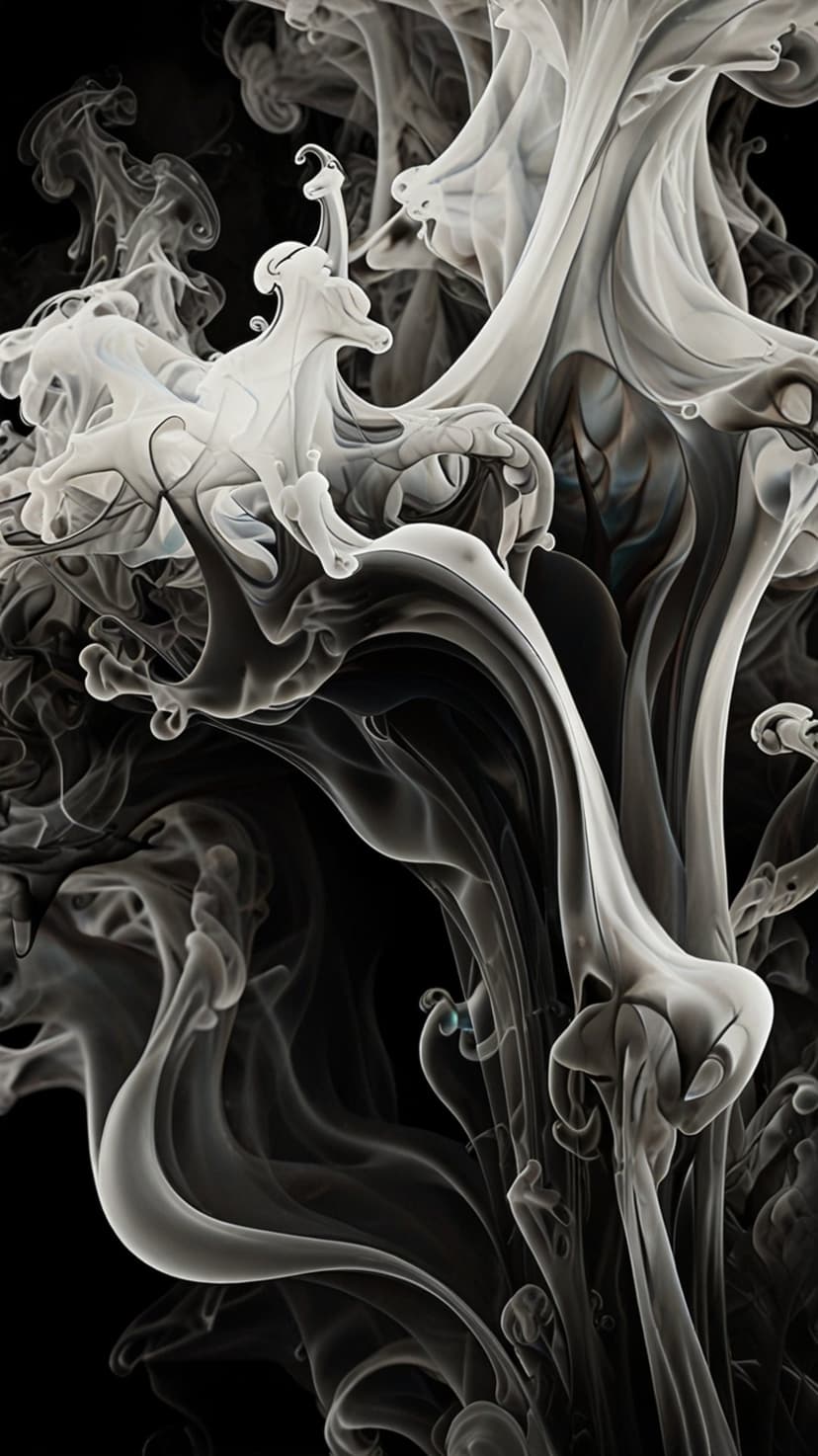 Swirling white smoke tendrils rise against a black background with soft gradients and fluid monochromatic patterns.