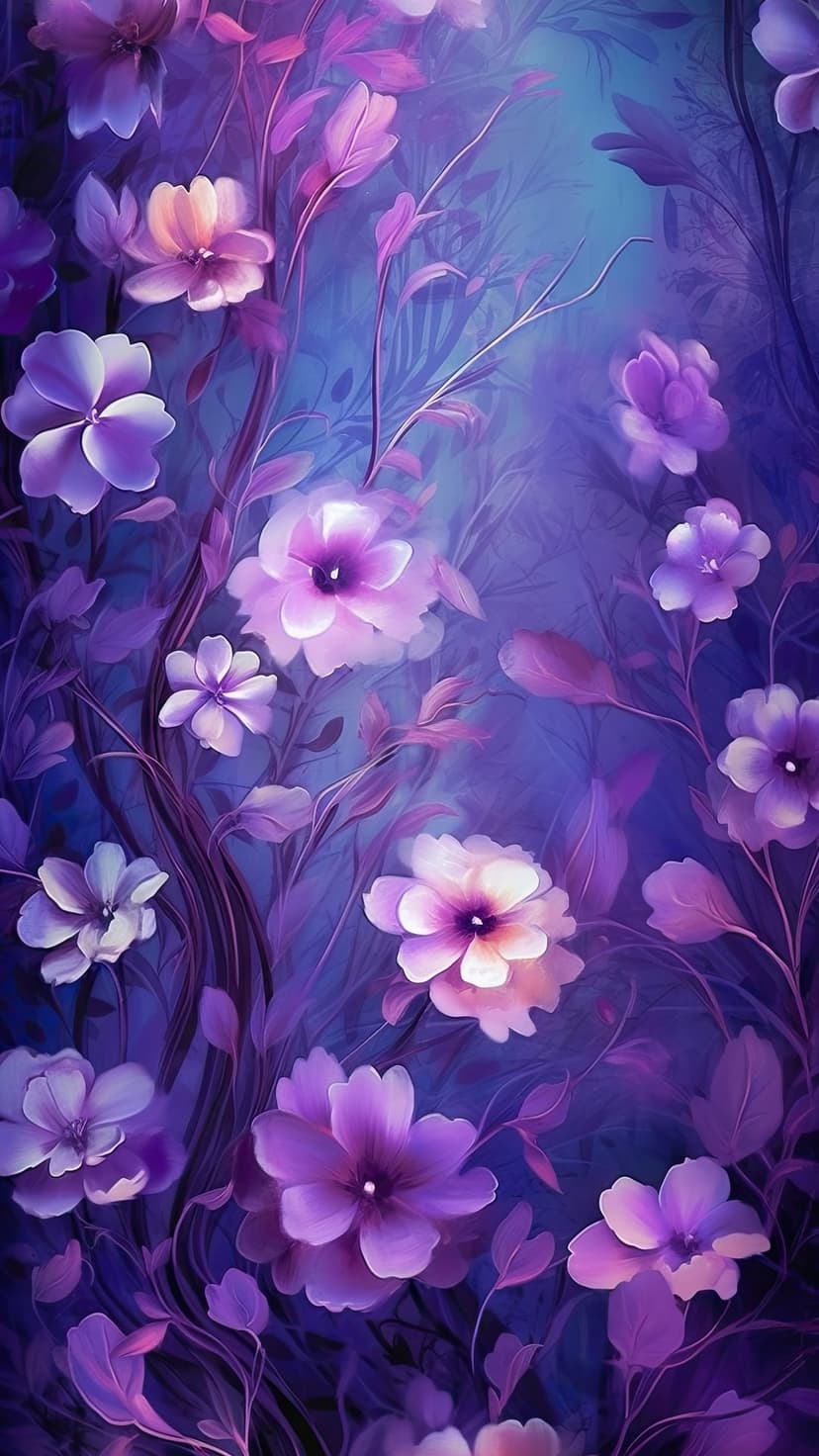Cascading purple flowers with soft petals and green leaves arranged in a lush, dense botanical composition.