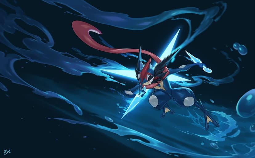 Ash-Greninja lunges forward with ice daggers amidst swirling dark blue water and a glowing back shuriken.