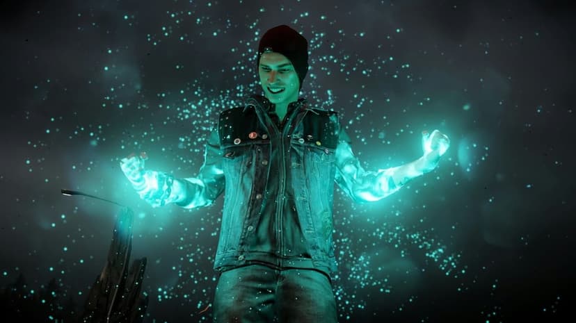 Delsin Rowe channeling glowing cyan energy from his hands against a dark background with floating blue particles.