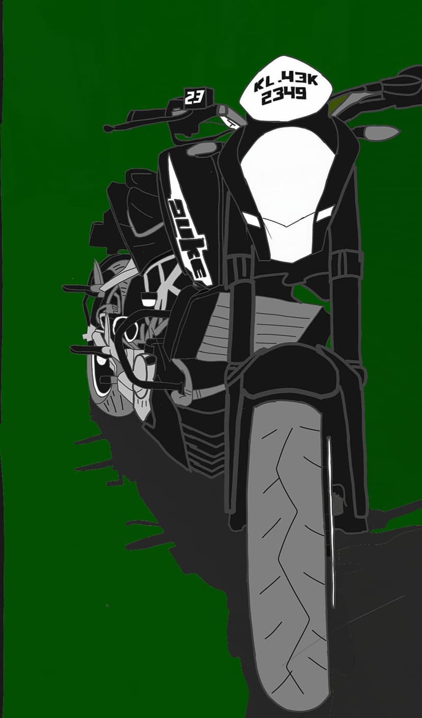Black motorcycle with a white front fairing and number 23 on the handlebars against a bright green background.