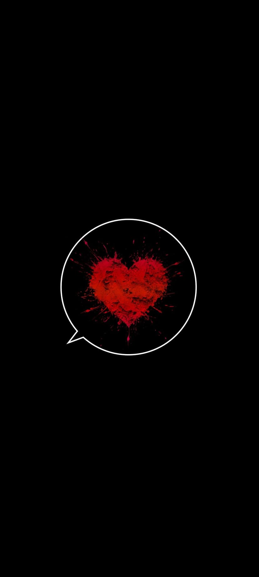 Red heart with dripping splatters inside a white circular speech bubble centered on a solid black background.