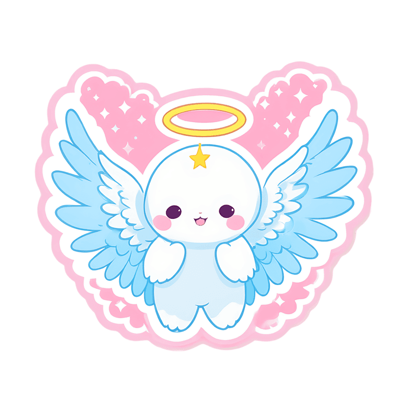 Kawaii angel character featuring blue wings and a golden halo floats on pink clouds with white star accents.