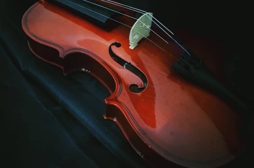 Red violin with polished wood and strings resting on a dark textured surface with dramatic shadow lighting.