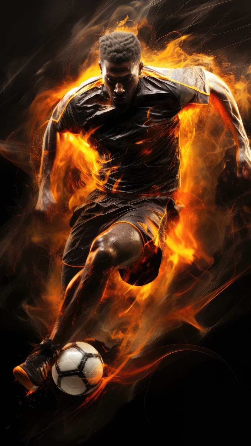 Soccer player running through swirling orange and yellow flames while wearing a dark athletic sports kit.