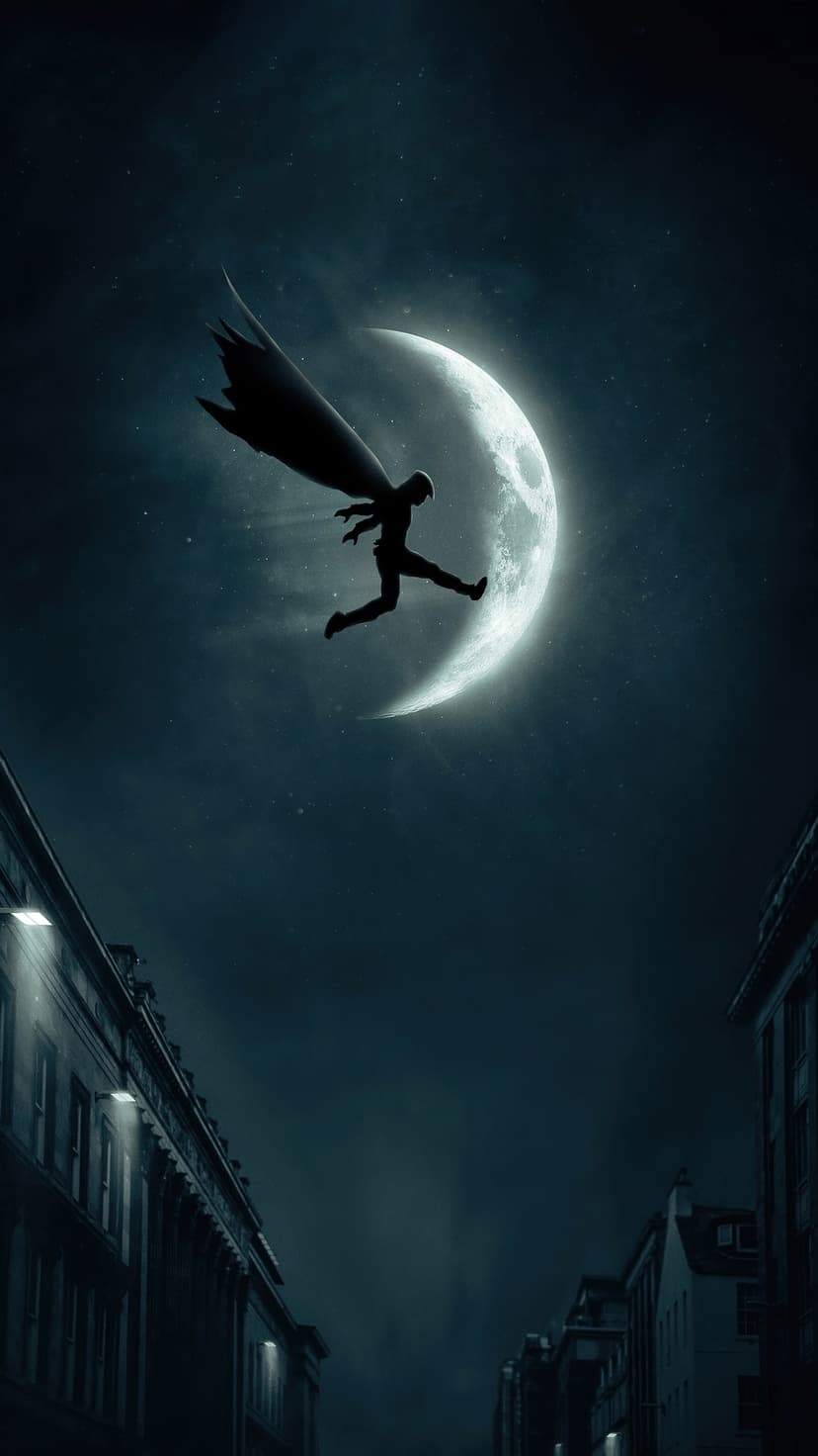 Batman leaps with a billowing cape against a large full moon above dark gothic buildings and streetlights.