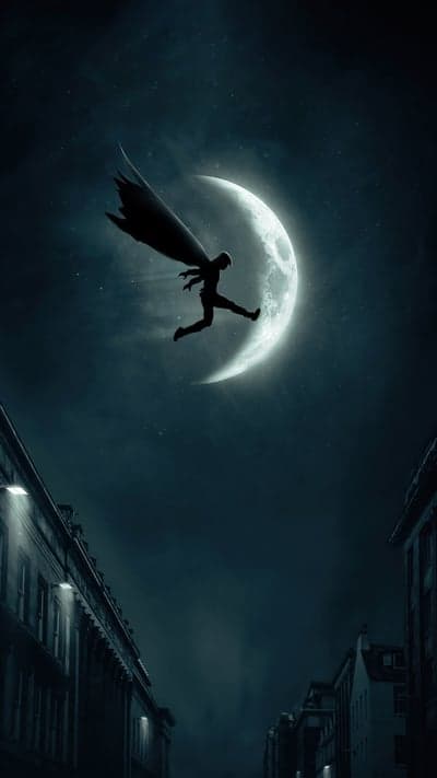 Batman leaps across a moonlit Gotham City street