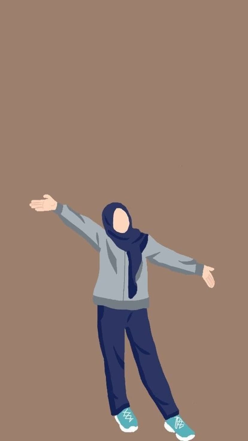 Person in a dark blue hijab and grey hoodie stands with open arms against a brown background wearing blue sneakers.